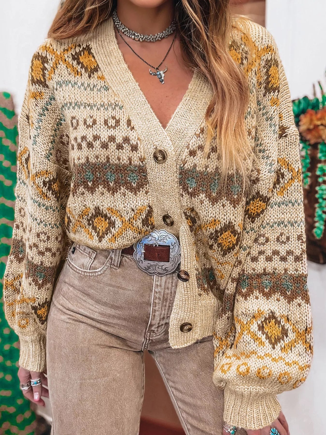 Western Pattern Knitted Button V Neck Cardigan Sweater