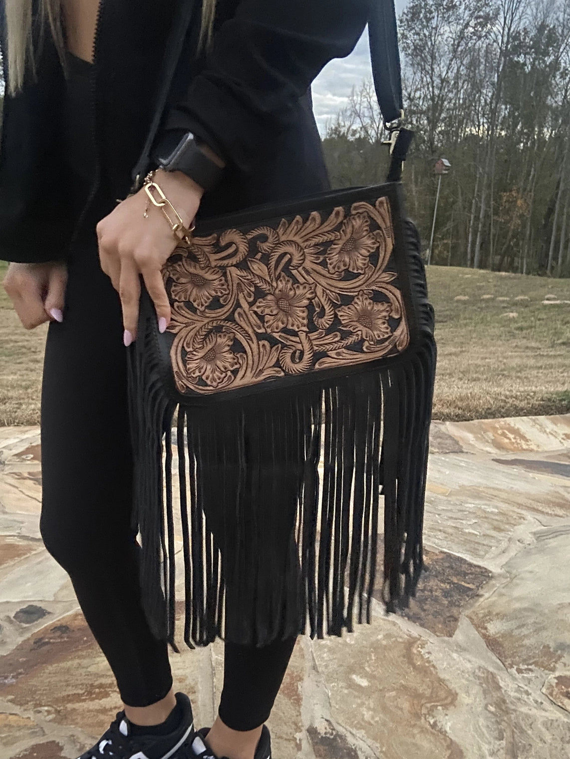 Black Mesa Tooled Fringe Crossbody