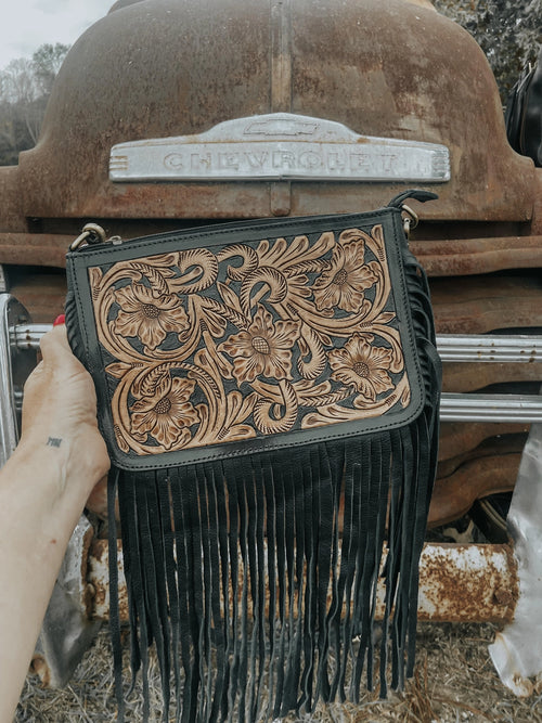 Black Mesa Tooled Fringe Crossbody