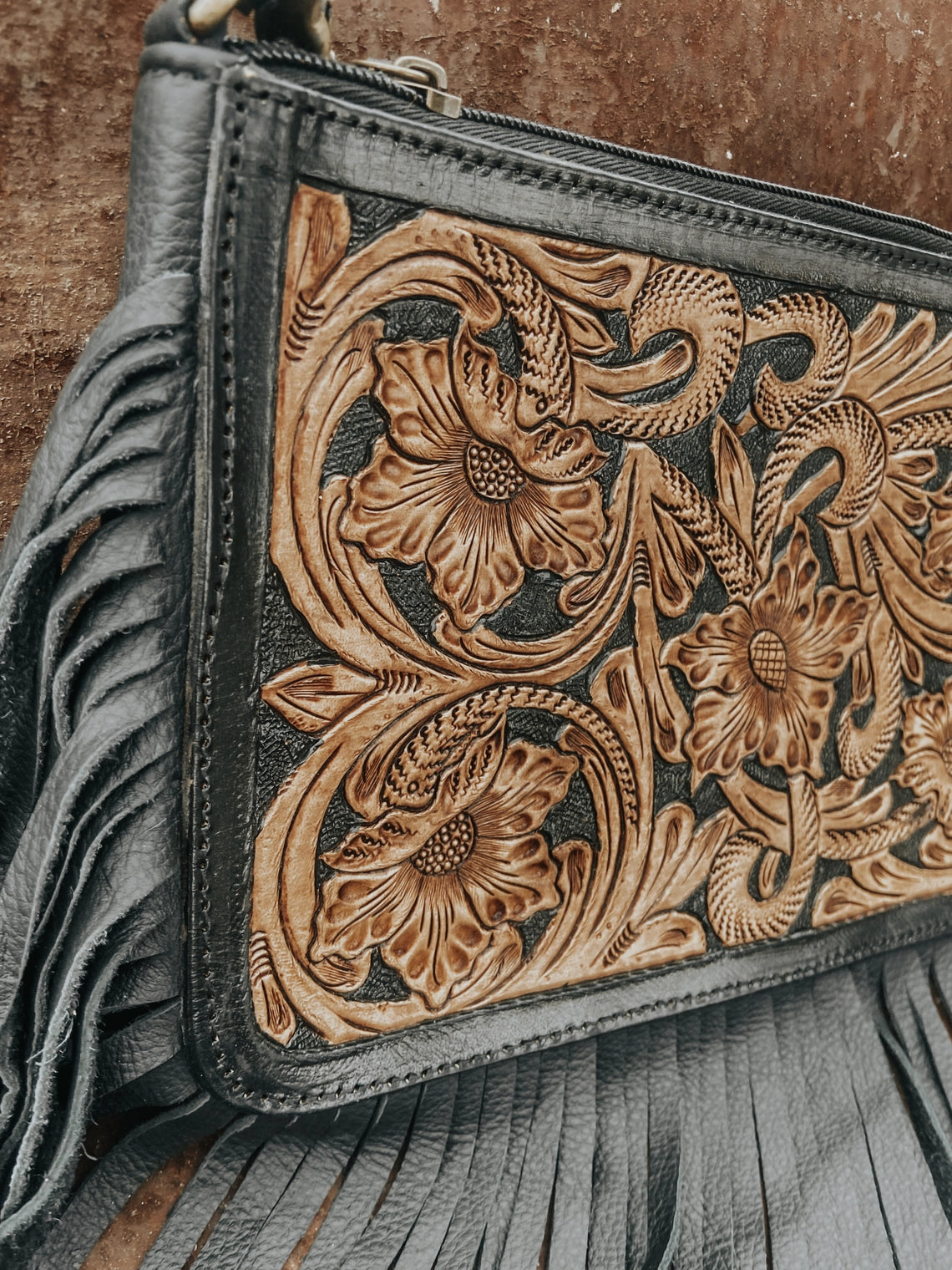 Black Mesa Tooled Fringe Crossbody